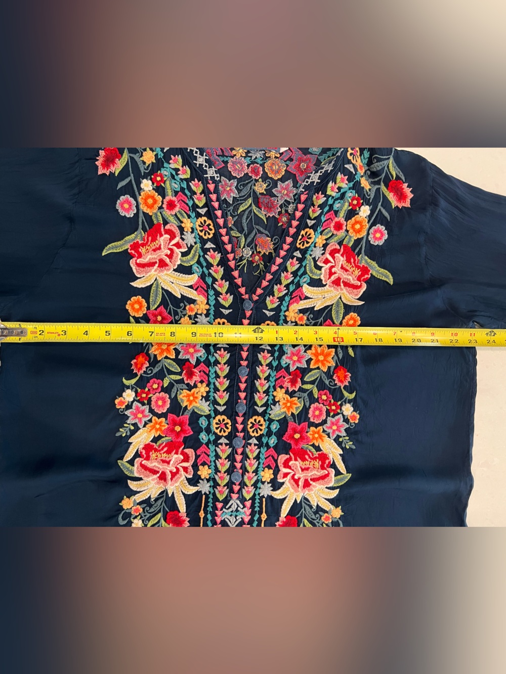 Johnny Was Embroidered Navy Floral Tunic Top - Picture 8 of 11